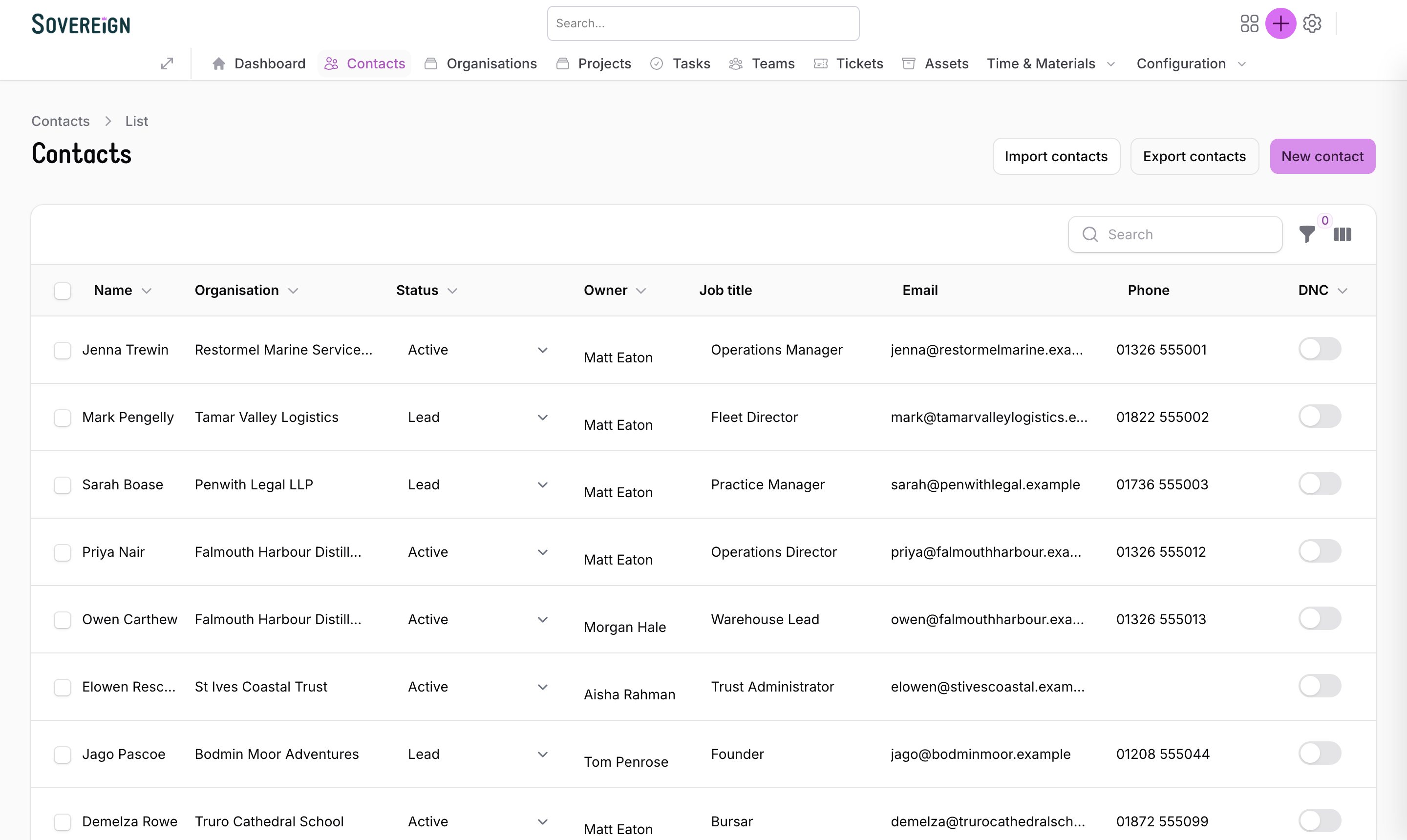 The contacts list showing each person with their organisation, status, owner, job title, email and phone.