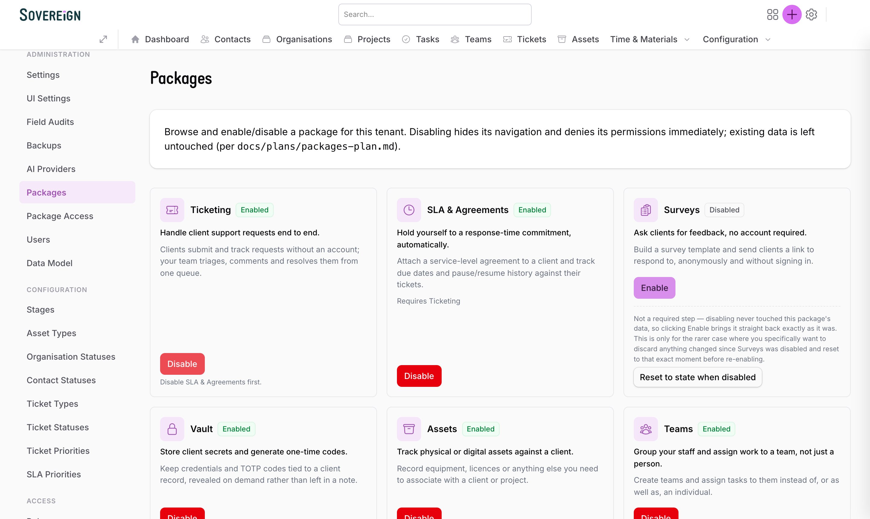 The Packages page, where Ticketing, SLA & Agreements, Surveys, Vault, Assets and Teams can each be enabled or disabled.