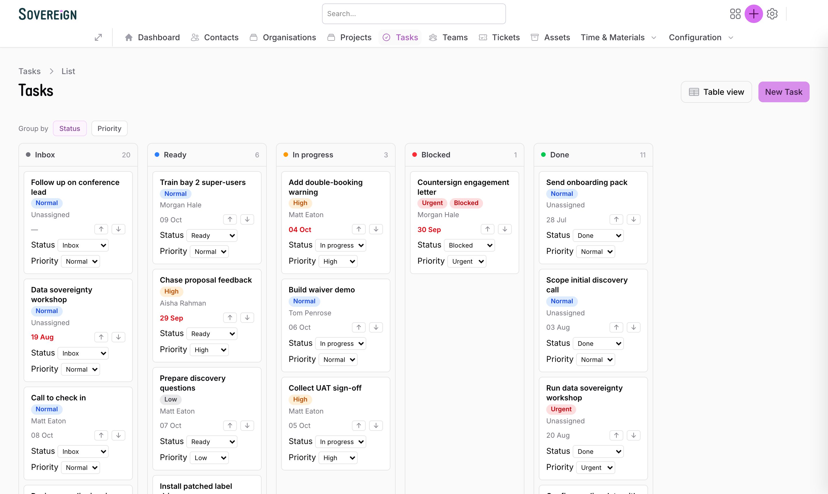 The tasks board grouped by status: Inbox, Ready, In progress, Blocked and Done, with owners and due dates on each card.